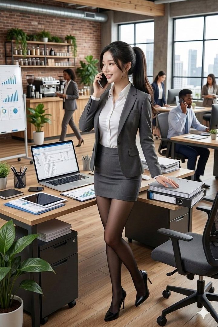 Elegant young East Asian woman with ponytail in gray business suit and black tights, talking on phone in a bright modern office.