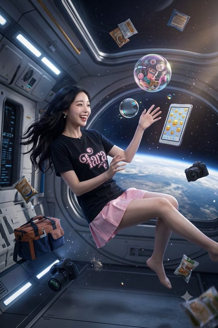 Young Asian woman named Tara floating happily in zero gravity inside a spaceship, surrounded by floating snacks and gadgets with Earth visible through the window.