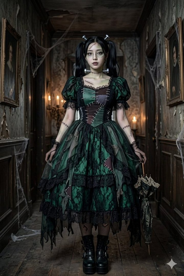 A young woman in a green and black Frankenstein-inspired gothic lolita dress with stitches and bolts stands in a cobweb-filled haunted hallway.