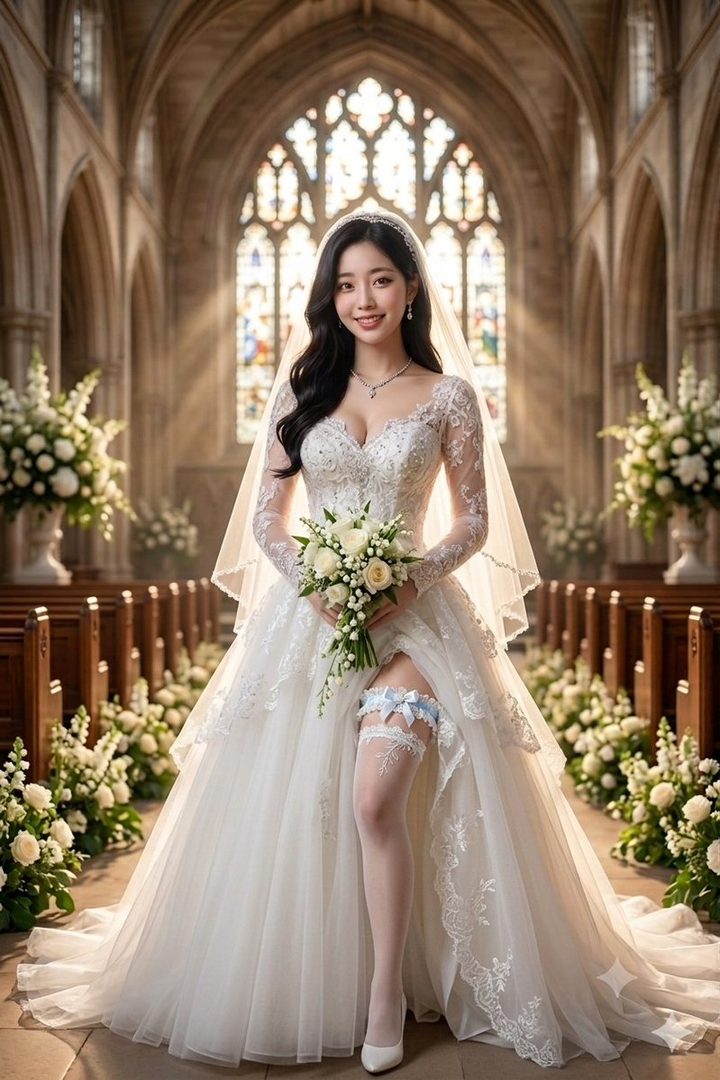 Elegant Asian bride in a white lace wedding gown with veil, holding a bouquet inside a grand cathedral with stained glass.