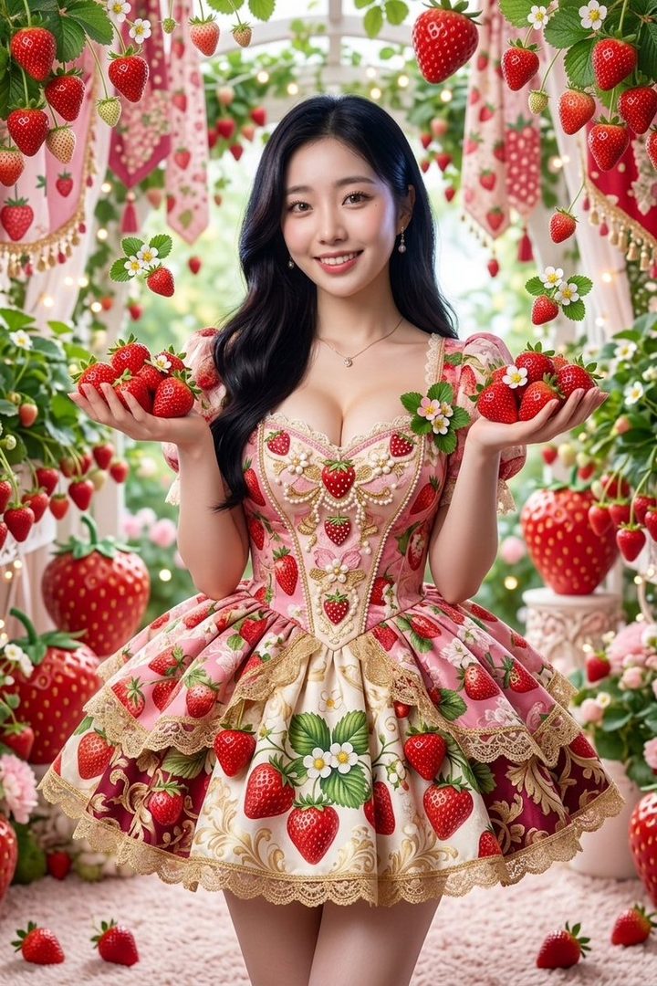 A smiling young East Asian woman with long black hair wearing a pink strawberry-patterned dress holds fresh strawberries in a whimsical indoor strawberry garden.
