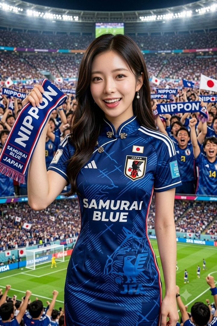 A smiling young Japanese woman in a blue Samurai Blue soccer jersey holds a Nippon scarf in a crowded World Cup stadium at night.