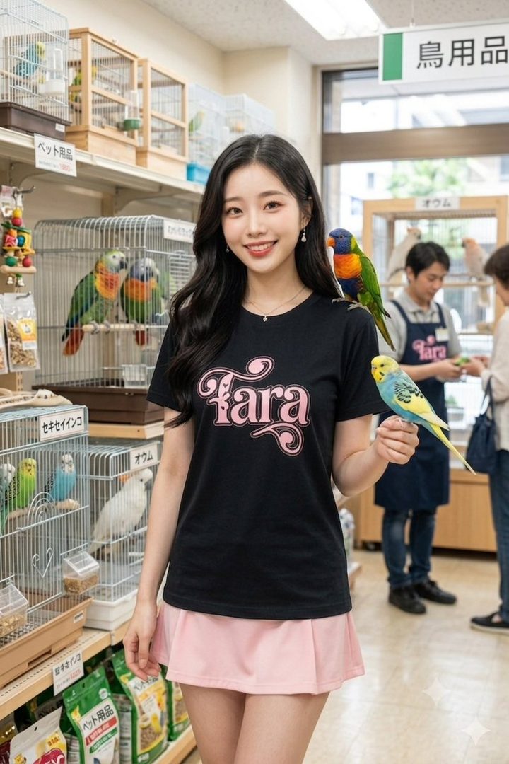 A smiling young East Asian woman with long black hair holds a blue budgerigar in a pet store, with a colorful parrot perched on her shoulder.