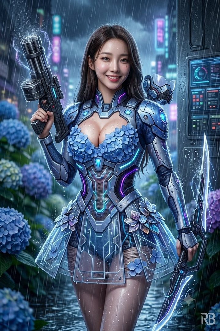 Young woman in glowing blue futuristic armor holding energy weapons in a rainy cyberpunk city at night surrounded by hydrangeas.