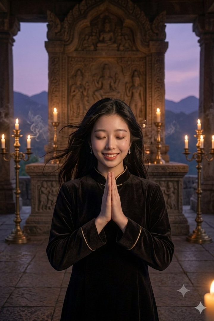 Young East Asian woman in dark velvet dress praying with closed eyes at a candlelit ancient temple during twilight.