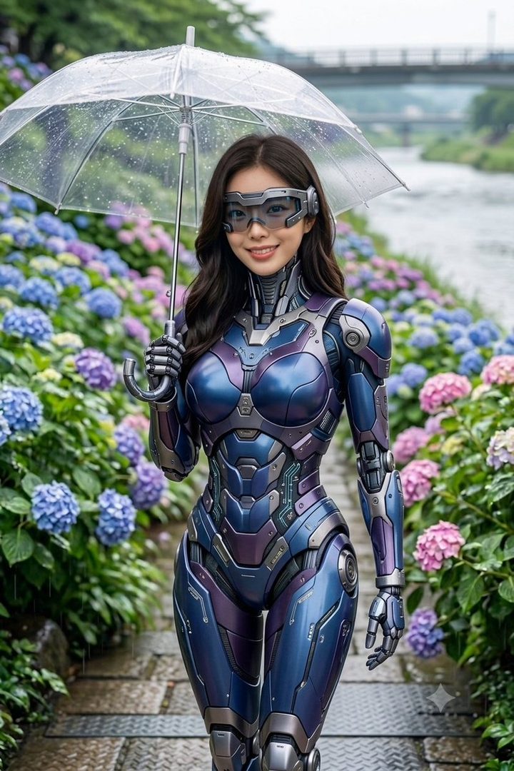 A smiling woman in a sleek blue and purple futuristic mech suit holds a clear umbrella while standing on a stone path amid blooming hydrangeas in the rain.