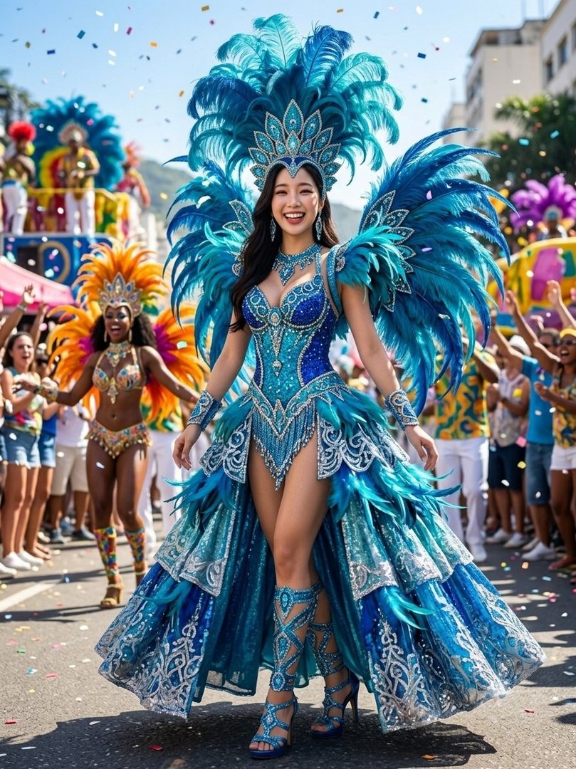 Smiling woman in an elaborate turquoise feathered carnival costume at a vibrant street parade with confetti and dancers.