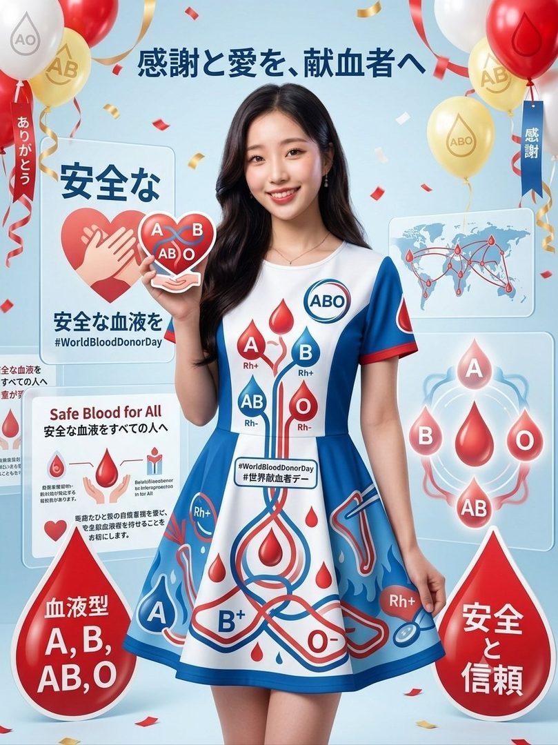 Young East Asian woman in a blood-type themed dress smiling while holding a heart-shaped blood donation sign in a promotional studio setting.