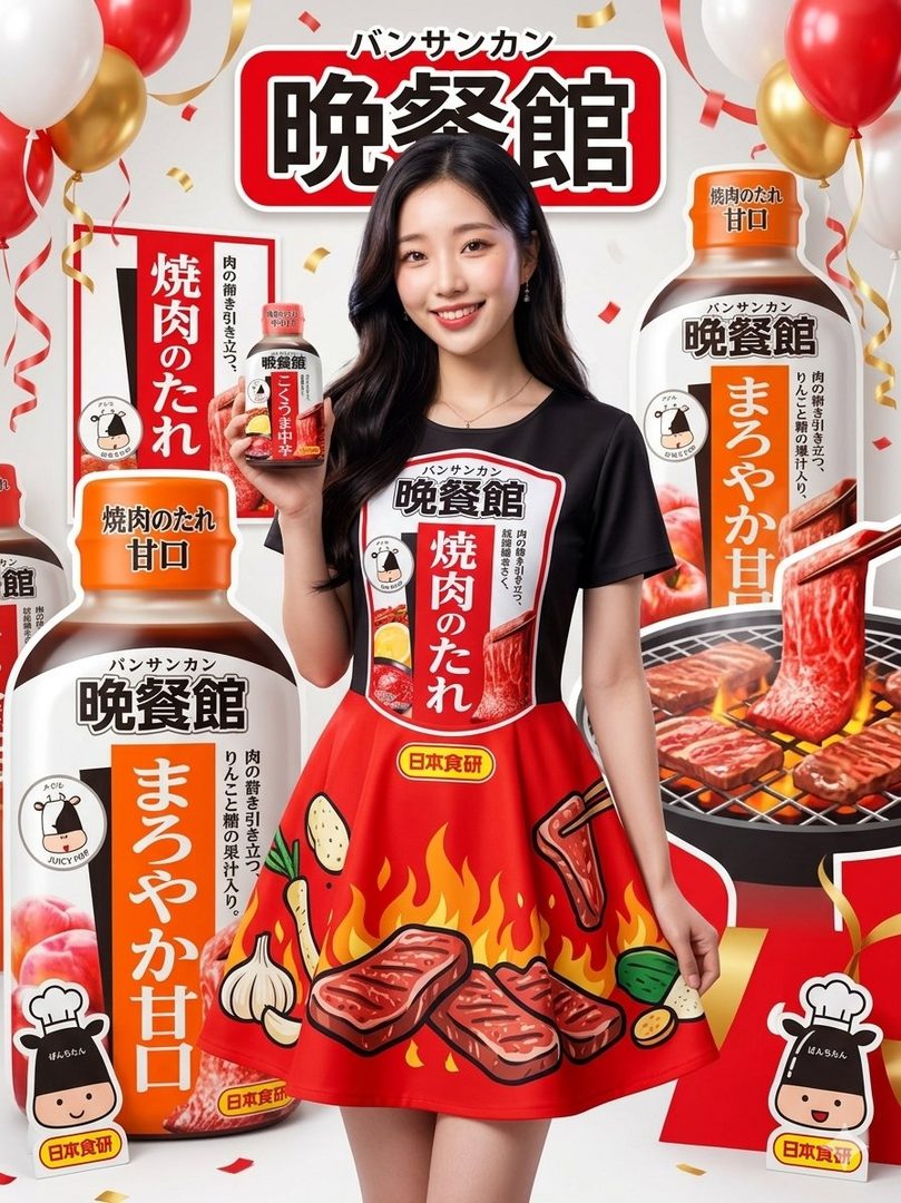 A smiling young East Asian woman in a black t-shirt and red food-print skirt holds a bottle of Japanese yakiniku sauce amid festive balloons and product displays.