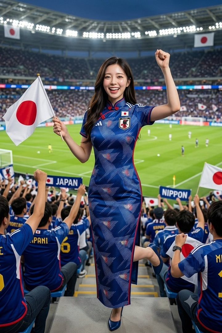 Beautiful young Asian woman in a blue soccer-themed qipao dress waving a Japanese flag in a packed stadium at night.