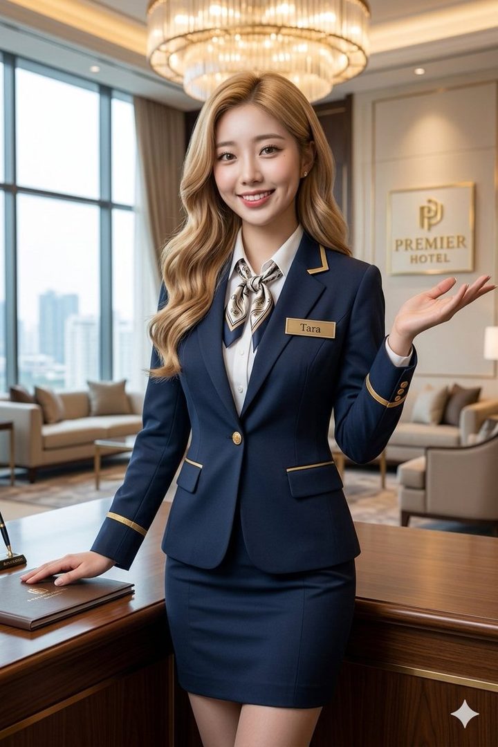 A smiling blonde woman wearing a navy blue hotel uniform with a name tag stands behind a reception desk in a luxurious lobby.