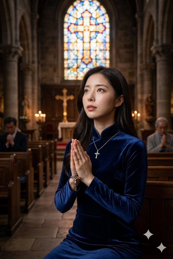Elegant East Asian woman in a blue velvet dress praying with clasped hands inside a historic stone church featuring a large stained glass cross window.