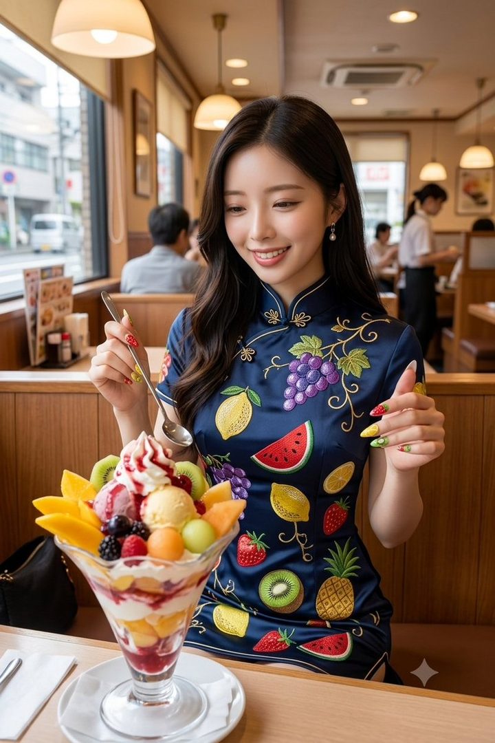 A smiling young East Asian woman with long black hair wearing a blue fruit-embroidered qipao dress holds a spoon over a large colorful fruit parfait in a bright cafe setting.