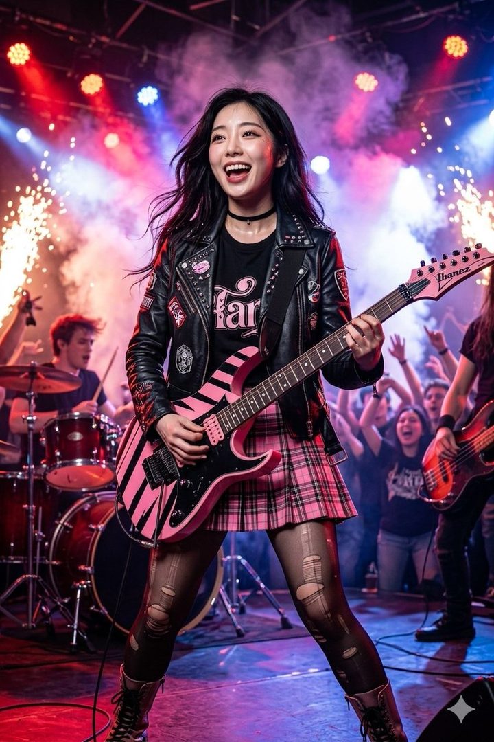 Energetic young woman with long black hair playing a pink electric guitar on a smoky rock concert stage under vibrant stage lights.