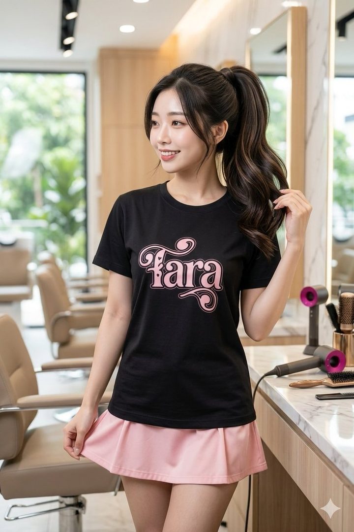 Young East Asian woman with long black hair in a high ponytail wearing a black t-shirt and pink skirt posing inside a modern hair salon.