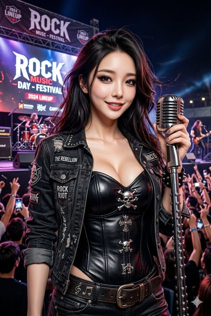 Stunning Asian woman with long black hair in edgy black leather rock outfit holding a vintage microphone on stage at a lively nighttime rock music festival.