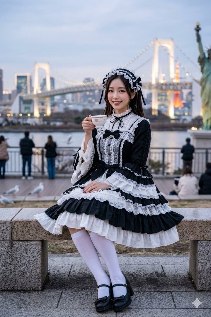 Young woman in elegant black and white gothic lolita dress holding a teacup while seated by the waterfront with Rainbow Bridge and Tokyo skyline at dusk.
