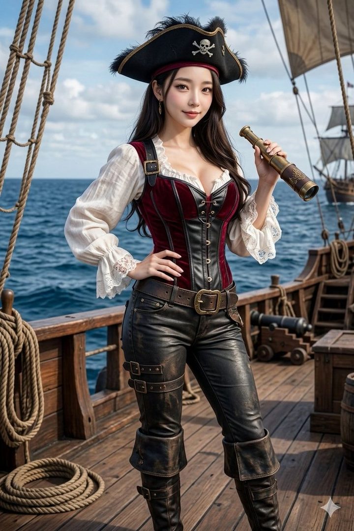 Elegant Asian woman in detailed pirate cosplay standing confidently on a wooden sailing ship deck with ocean backdrop.