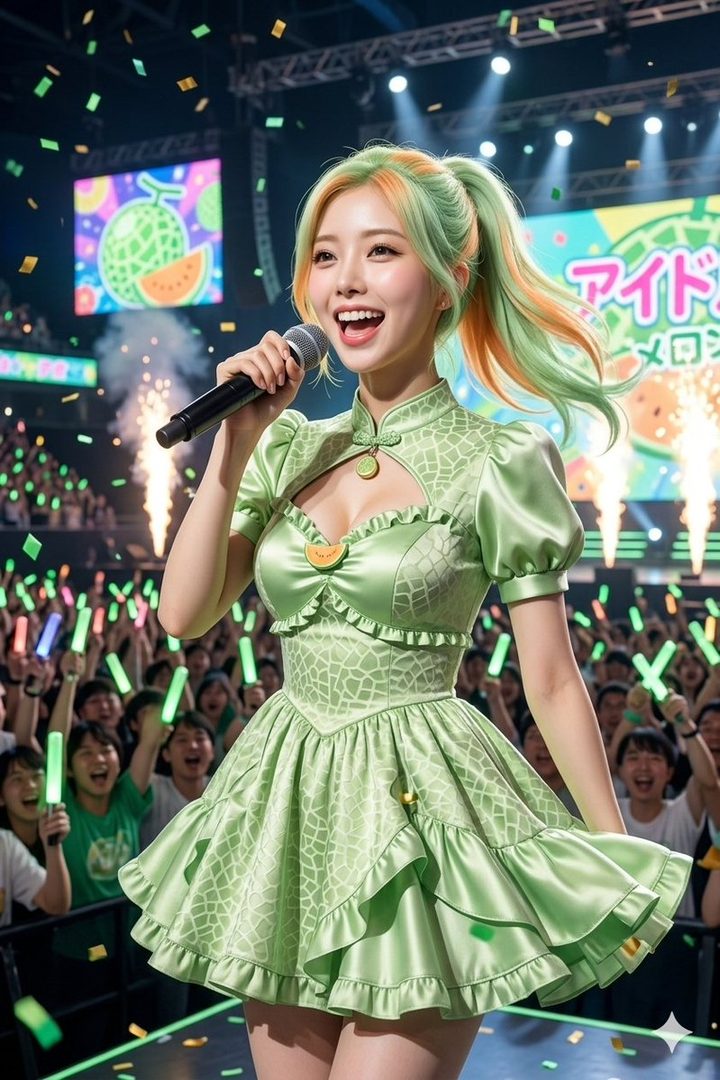 Vibrant young performer with colorful green and orange pigtails singing on stage in a frilly light green dress during a lively concert.