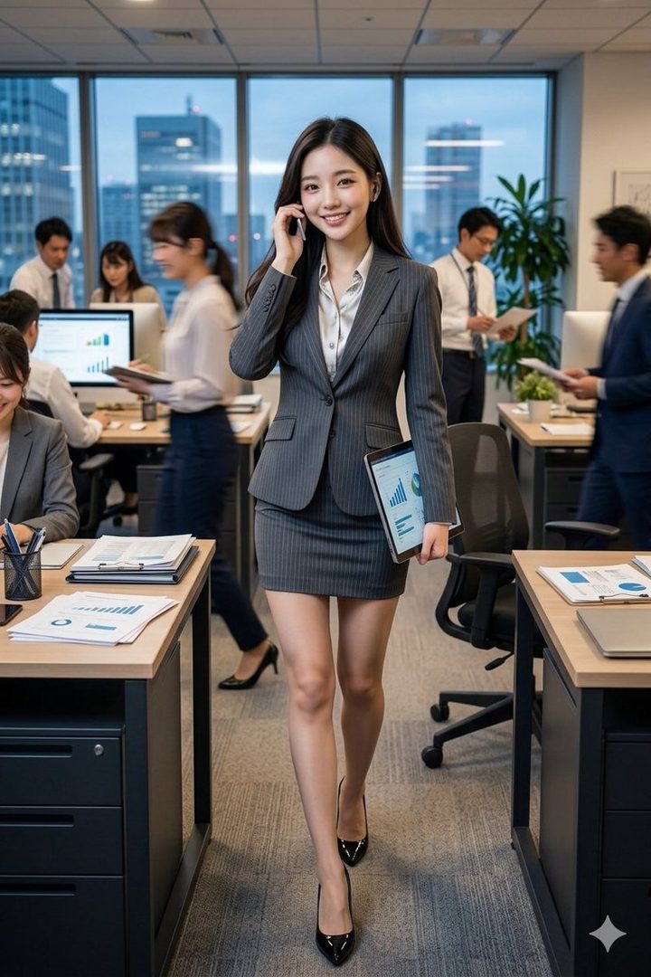 A smiling young East Asian woman in a gray pinstripe business suit walks through a busy modern office while talking on her phone and holding a tablet.