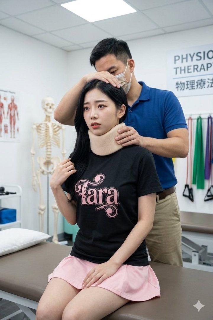 Young East Asian woman with long black hair wearing a cervical collar and pink skirt during a physiotherapy session in a clinical studio.