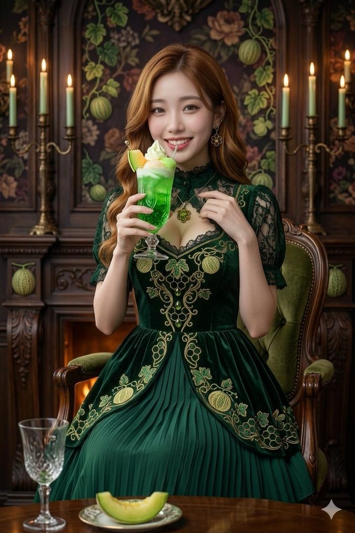 A smiling young woman with long auburn hair wearing an ornate green velvet dress holds a bright green cocktail in a candlelit vintage room.