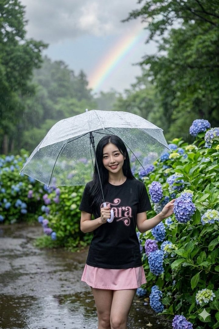 A smiling young woman holding a transparent umbrella in the rain surrounded by blooming hydrangeas and a rainbow overhead.