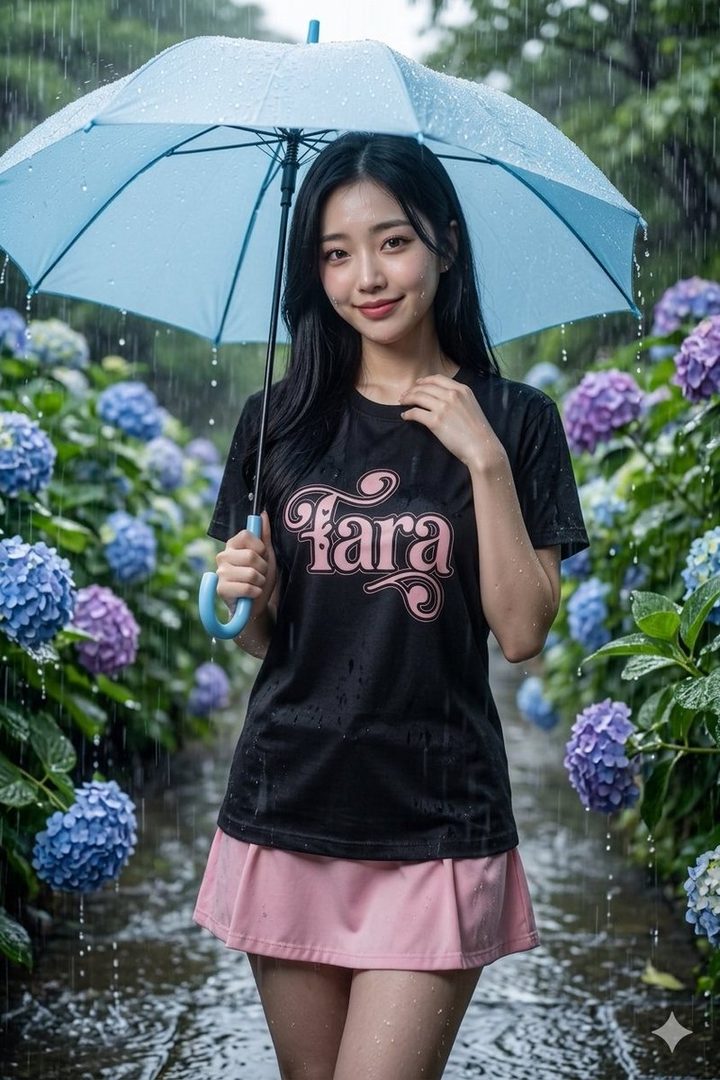 A young East Asian woman with long black hair smiles while holding a light blue umbrella in a rainy garden full of blooming hydrangeas.