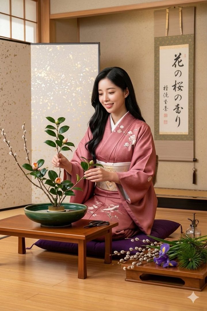 A young woman in a pink kimono gracefully arranging flowers in a traditional Japanese tatami room.