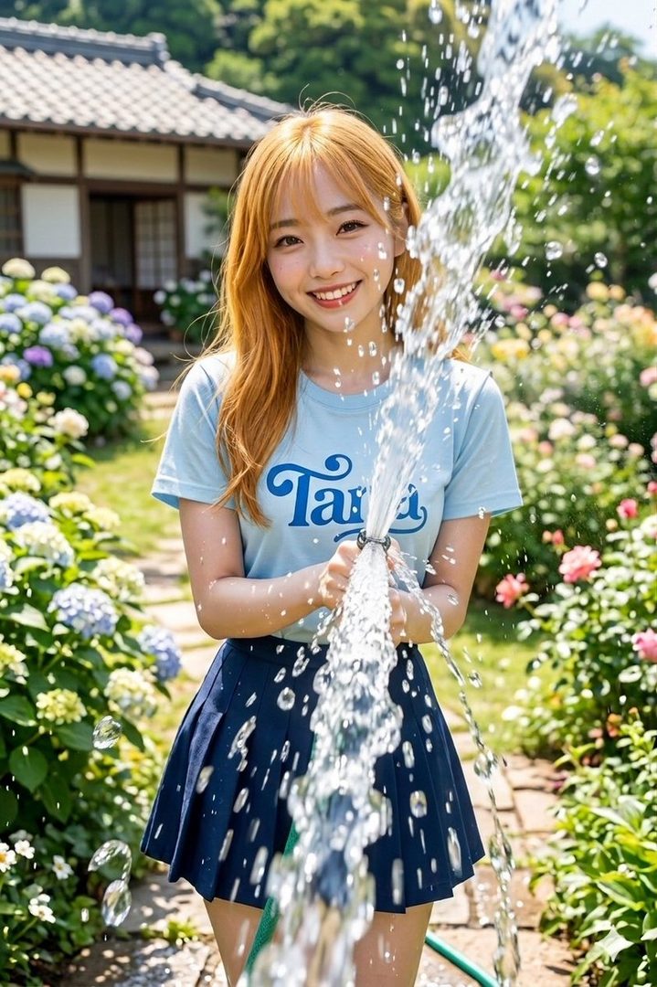 A smiling young woman with long red hair playfully sprays water from a hose in a vibrant flower garden.
