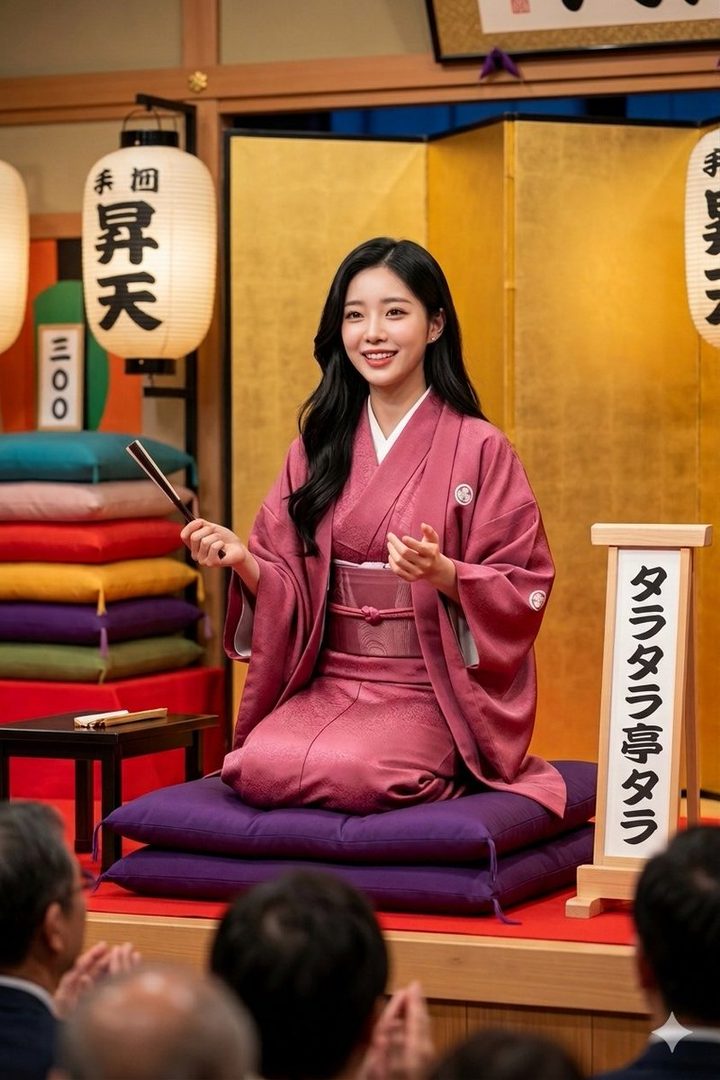 A smiling young Japanese woman in a pink kimono seated on purple cushions performing rakugo on a traditional stage.