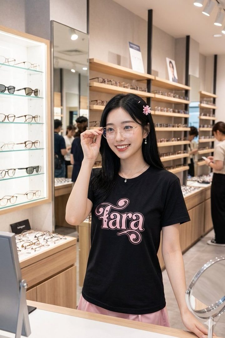A young East Asian woman with long black hair smiles while trying on glasses inside a modern optical store.