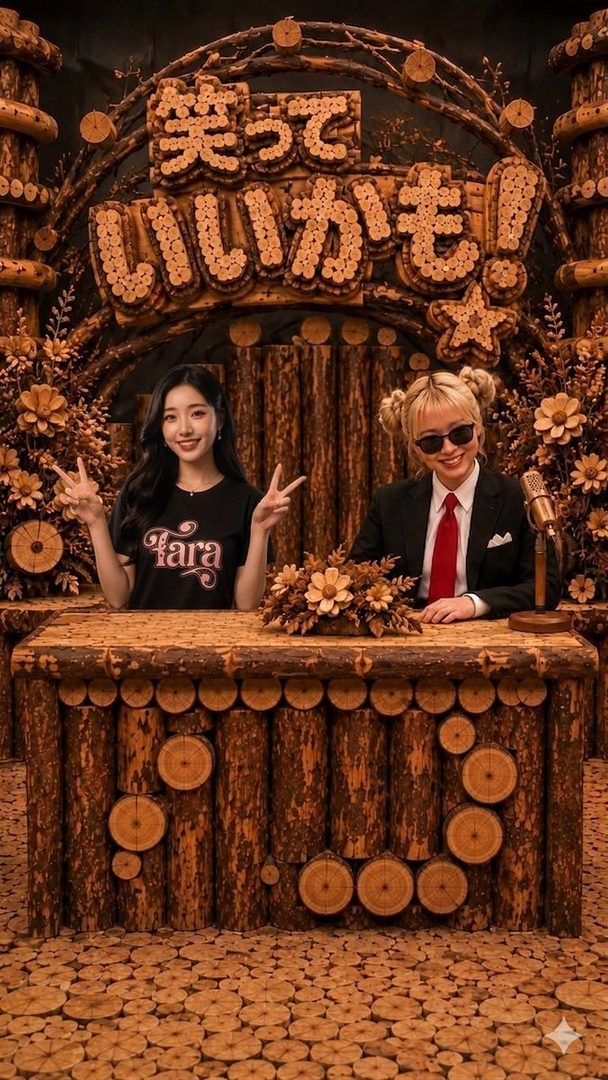 Two young women posing playfully behind an ornate wooden log counter in a rustic studio set decorated with cookie text and floral accents.