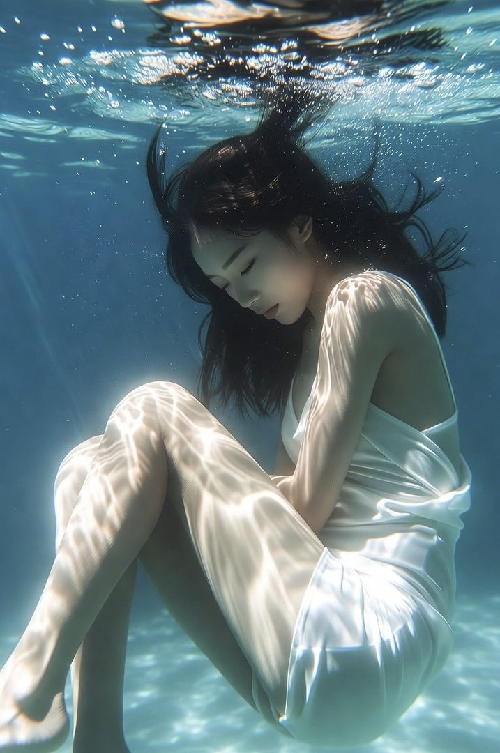A serene young woman with long dark hair floating underwater in a flowing white dress, bathed in rays of sunlight.