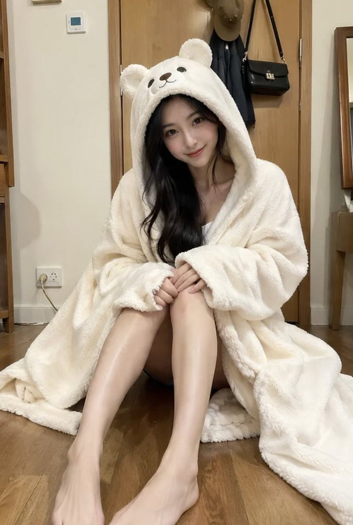 Young East Asian woman with long black hair wearing a fluffy white bear-eared robe, sitting barefoot on a wooden floor indoors.
