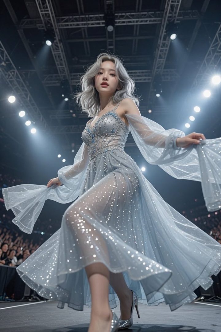 A woman with silver hair walks down a fashion runway in a sparkling light blue gown with sheer sleeves and skirt, illuminated by spotlights.