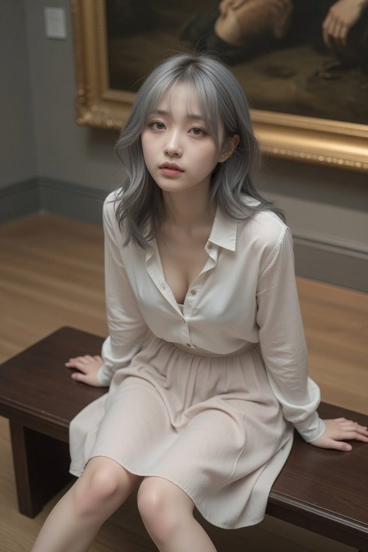 A young woman with silver wavy hair sits on a wooden bench in an art gallery, wearing a white button-up shirt and a beige skirt.