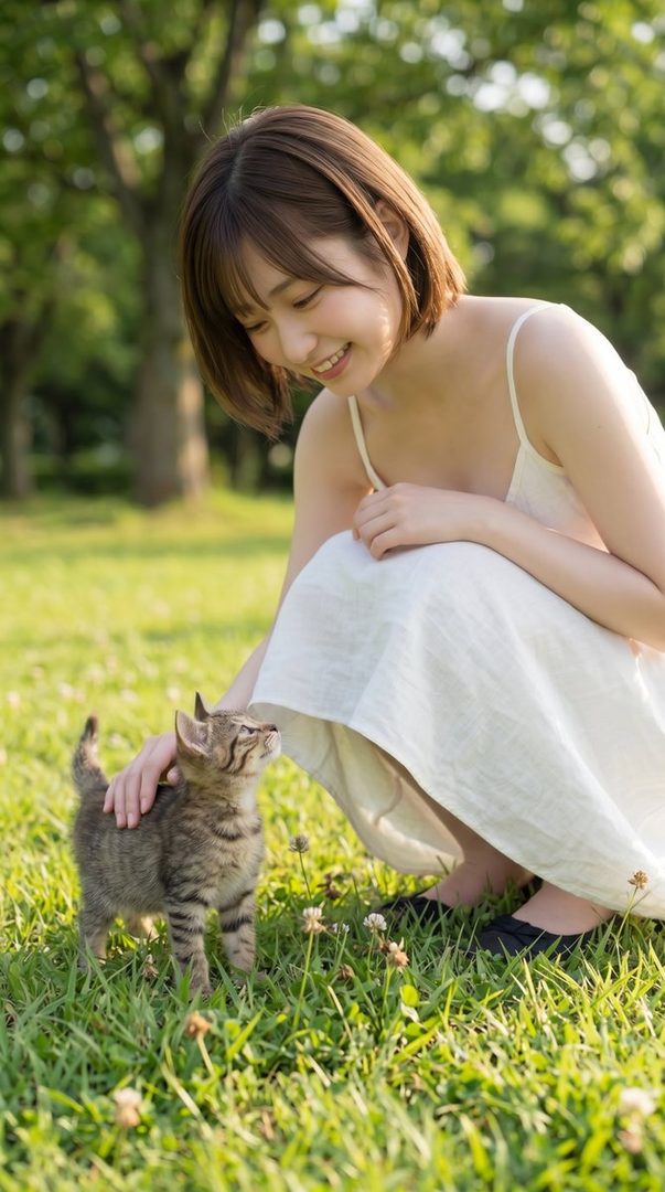 A smiling young woman in a white dress gently pets a small tabby kitten on a sunny green lawn in the park.