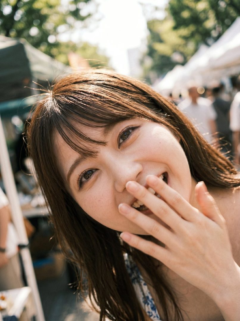 A young woman with long brown hair smiles playfully while covering her mouth in a sunny outdoor market.