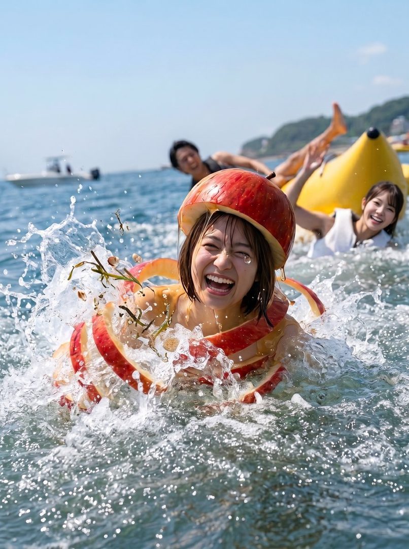 Joyful young woman with short brown hair wearing playful apple slice props splashing in the ocean on a sunny summer day with friends and a banana boat in the background.