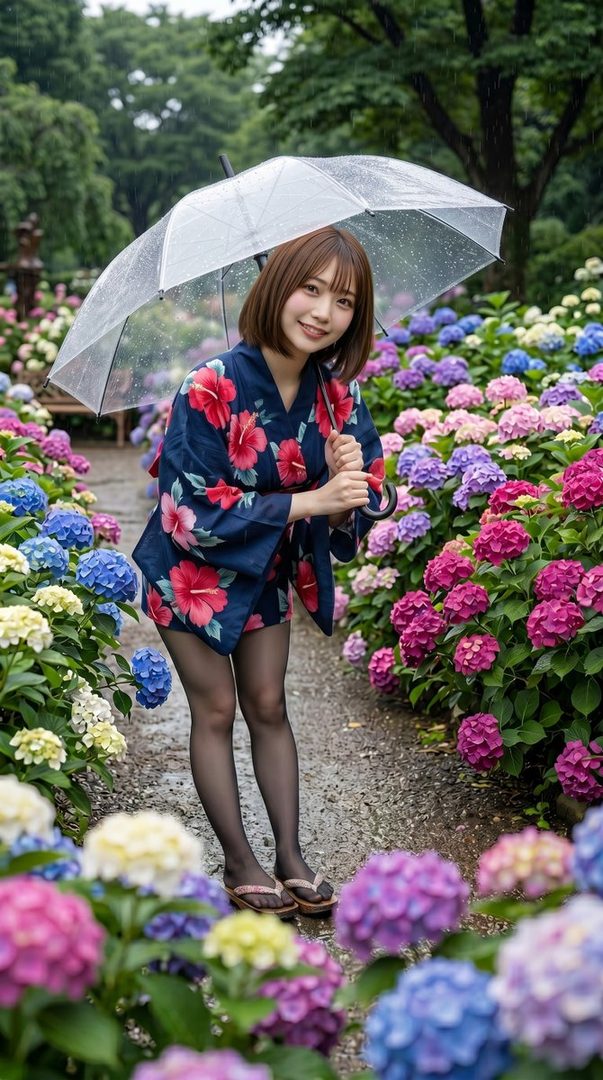 Young woman in a floral yukata holding a clear umbrella among blooming hydrangeas on a rainy garden path.