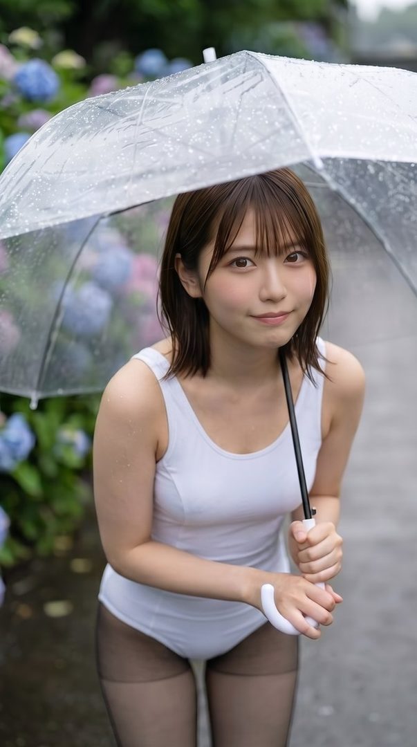 Young Japanese woman in a white school swimsuit holding a clear umbrella in a rainy hydrangea garden.