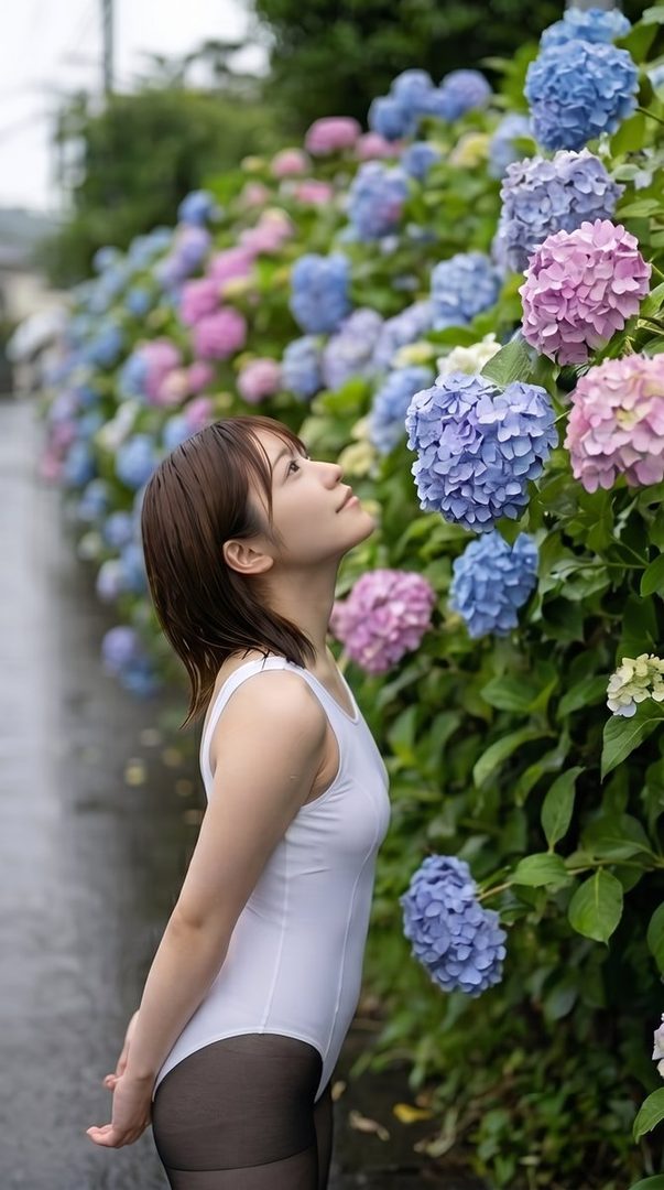 A young woman in a white school swimsuit poses gracefully beside a vibrant wall of blooming hydrangeas on a rainy day.