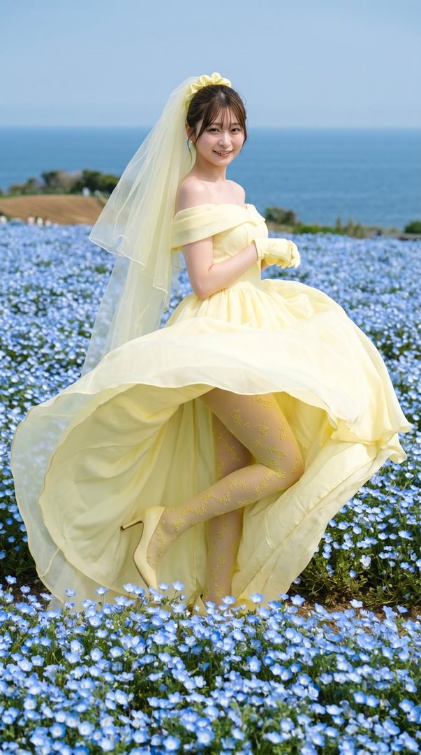 A young woman in an elegant flowing yellow off-shoulder gown and veil poses gracefully in a vast field of blue flowers beside the ocean.