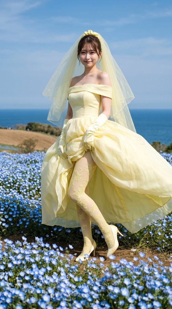 Elegant woman in a flowing yellow off-shoulder wedding dress and veil posing in a vibrant blue flower field overlooking the ocean on a sunny day.