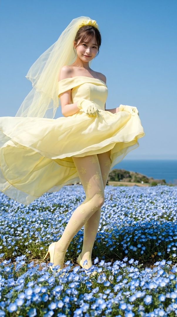 Young woman in a flowing yellow off-shoulder dress and veil posing in a vibrant blue flower field overlooking the ocean on a clear sunny day.