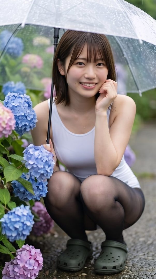 Young Japanese woman in a white school swimsuit smiling while squatting under a transparent umbrella among blooming hydrangeas on a rainy day.