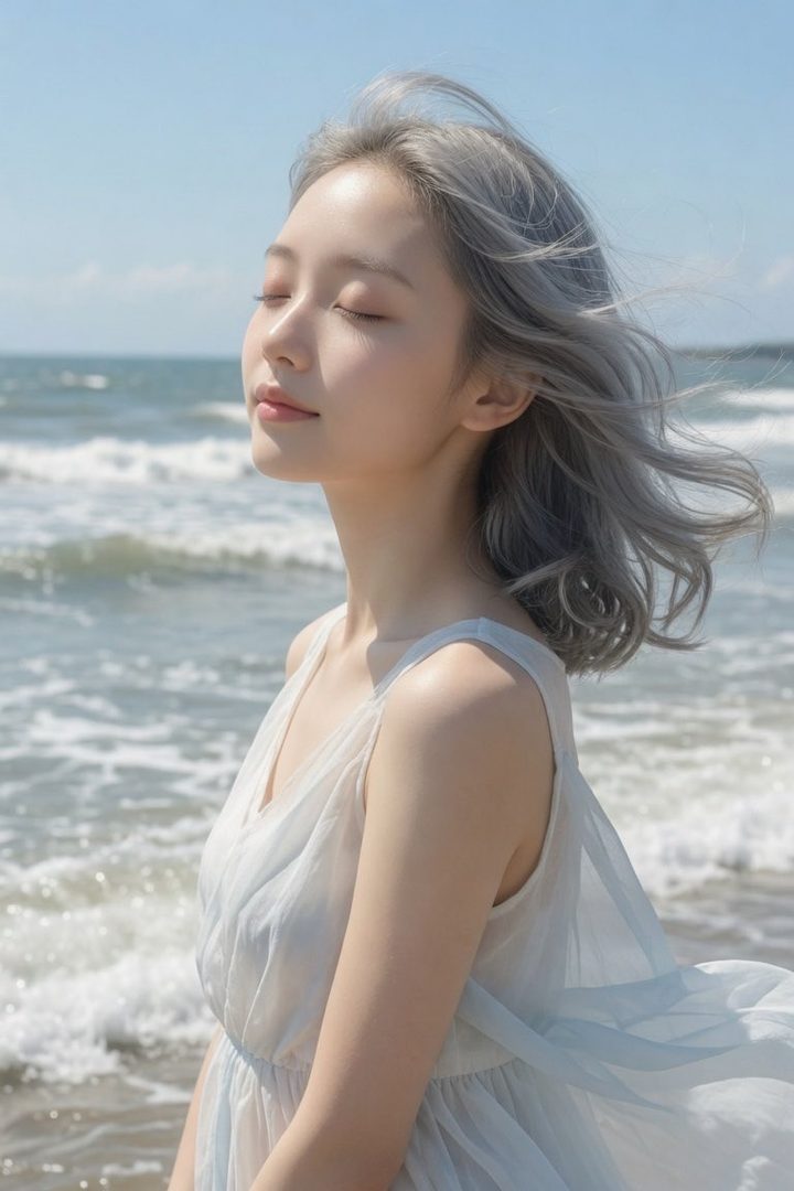 A woman with silver hair and a light blue dress stands on a beach with her eyes closed, enjoying the sun and breeze.