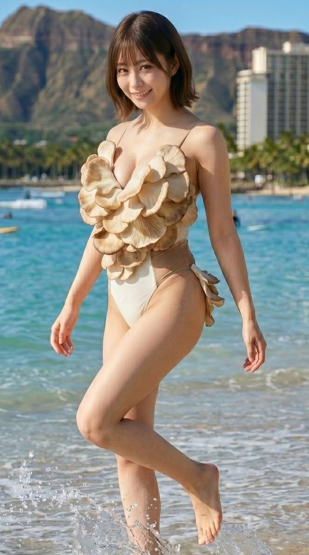 Young woman wearing an artistic mushroom-themed swimsuit standing in shallow ocean water at a sunny tropical beach.