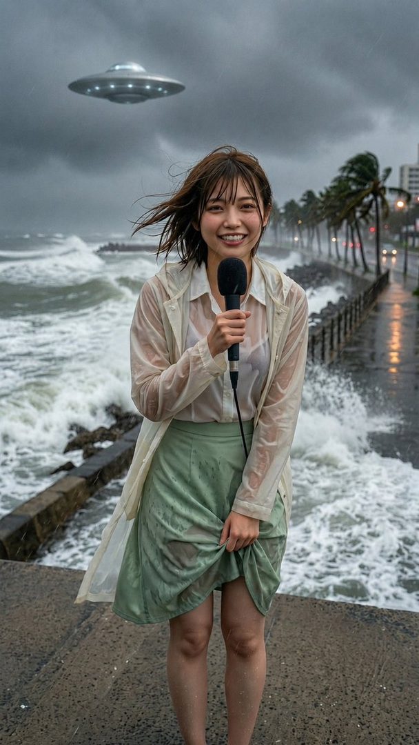 A smiling young woman holding a microphone stands on a stormy seaside promenade during a typhoon with a UFO in the dark sky.